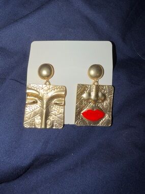 Gold Statement Face Earrings with Red Accent Lips